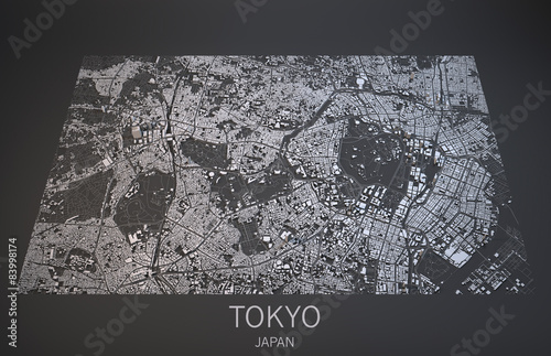 Fotomural Mappa Tokyo, vista satellitare, Giappone, 3d
