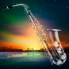 Sticker - abstract night background with city and saxophone