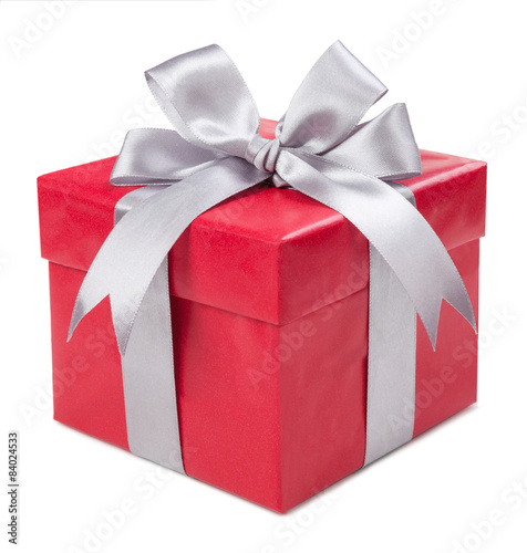 Fotografía Red box with gift tied with gray bows isolated on white backgrou