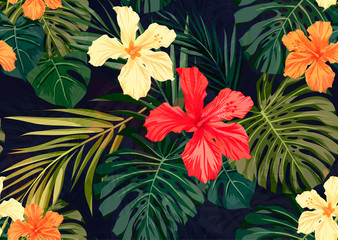 Bright colorful tropical seamless background with leaves and