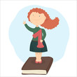 The girl standing on book, holding school-deserved praise. 