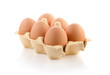 Six brown eggs in carton on white with clipping path