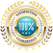 Light blue satisfaction badge with gold border