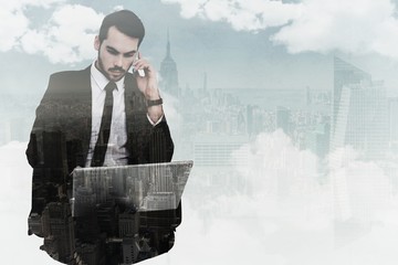 Poster - Composite image of businessman using laptop while phoning