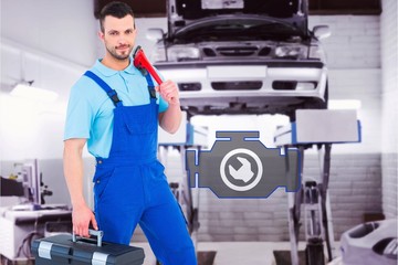 Poster - Composite image of repairman with toolbox and monkey wrench 