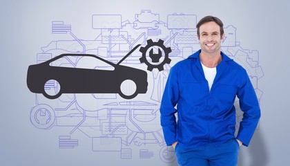 Poster - Composite image of happy mechanic with hands in pockets