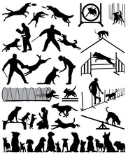 Editable Vector Silhouette Of Dogs Training
