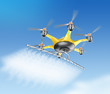 Hexacopter with crop sprayer flying in the sky