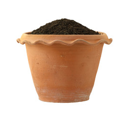 Wall Mural - Clay flowerpot with soil isolated on white background