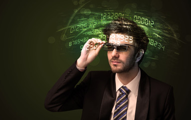 Poster - Business man looking at high tech number calculations