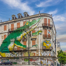 Lisbon Street Art. Graffiti Green Crocodile. Painting House, 