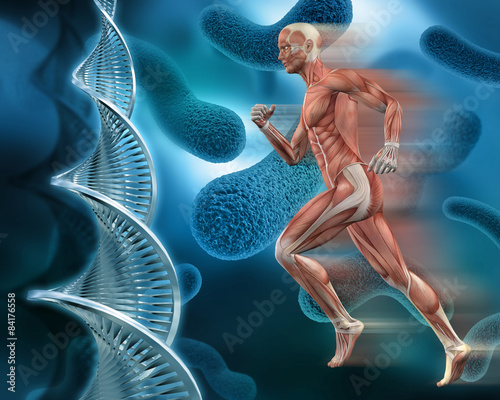 Fototapeta na wymiar 3d male medical figure on abstract DNA virus background