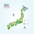 Infographic travel and landmark japan map shape template design.