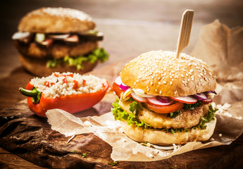 Wall Mural - Vegetarian Couscous Burgers with Fresh Toppings