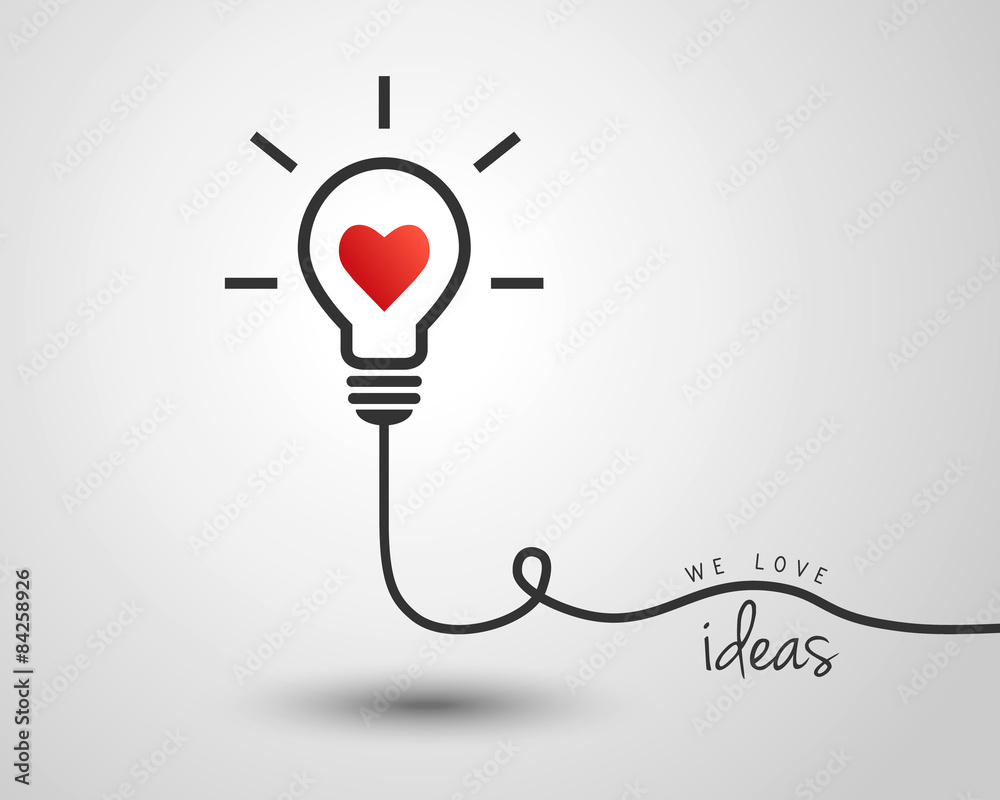 Light bulb with heart as idea and inspiration concept - obrazy, fototapety, plakaty 