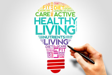 Healthy Living bulb word cloud, health concept