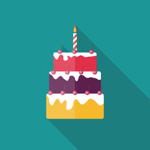 Birthday Cake Flat Icon With Long Shadow, Vector Illustration