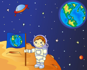 Poster - Astronaut with Earth flag on the moon surface in space