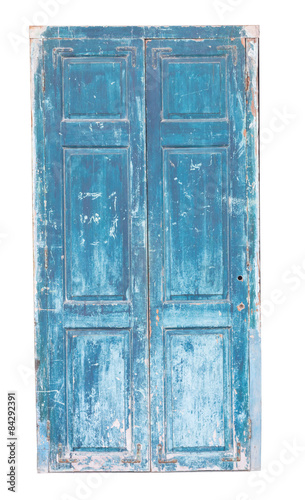 Obraz w ramie old blue wooden door isolated on white background