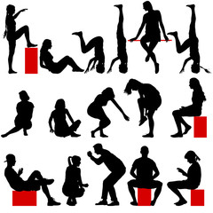 Black silhouettes of men and women in a pose sitting on a white 