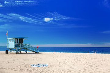 Lifeguard station with american flag on Hermosa beach, Californi