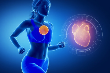 Running woman focused on heart