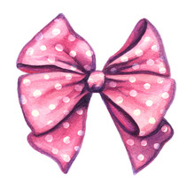 Pink Decorative Bow Isolated On White. Watercolor Clipart