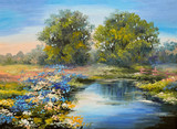 Fototapeta  - Oil painting landscape - river in the forest, colorful fields of flowers