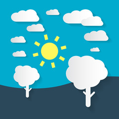 Poster - Flat Design Nature - Landscape Illustration with Paper Trees, Clouds and Sun