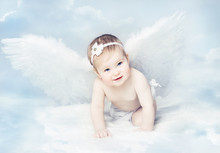 Baby Angel Wings, Angelic Cupid Kid, Child At Blue Sky Cloud