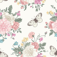 Wall Mural - Seamless  pattern  flowers and butterflies.