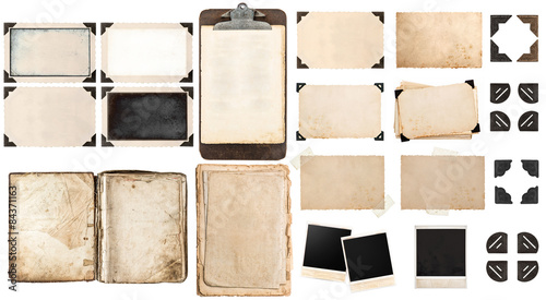Fotomural Old paper sheets, book, vintage photo frames and corners, antiqu