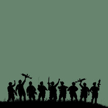 Silhouette Of Military Soldiers Team Or Officer With Weapons