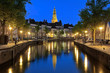 Evening view of Aa river with tower of  A-Church in Groningen, Netherlands