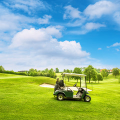 Wall Mural - Golf course lanscape with a cart over blue sky