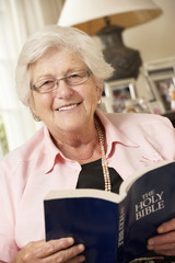 Retired Senior Woman Sitting On Sofa At Home Reading Book