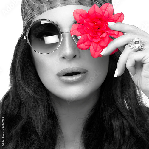 Obraz w ramie Stylish Young Woman with Red Flower Over her Eye