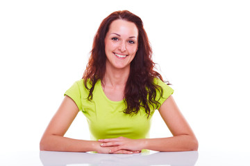 Wall Mural - Happy girl behind a table