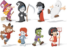 Cartoon Children Wearing Costumes Of Classic Halloween Monster Characters