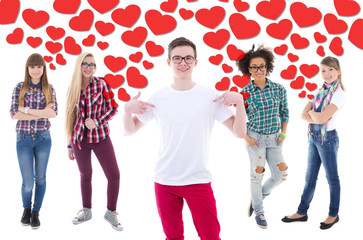 Wall Mural - popular teenage boy and teenage girls in love over white