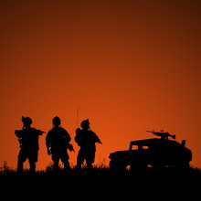 Silhouette Of Military Soldiers Team Or Officer With Weapons And