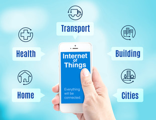 Poster - Hand holding smartphone with Internet of things (IoT) word and a