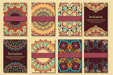 Set of invitations, cards with ethnic henna elements. Arabesque