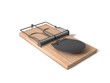 3d mouse trap with wooden body and metal details.side view.