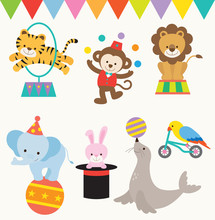 Vector Illustrations Of Animals Perform In Circus.
