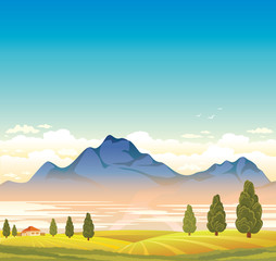 Sticker - Rural landscape with mountain and field.