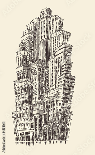 Naklejka - mata magnetyczna na lodówkę Skyscrapers Big City Architecture Vintage Engraved