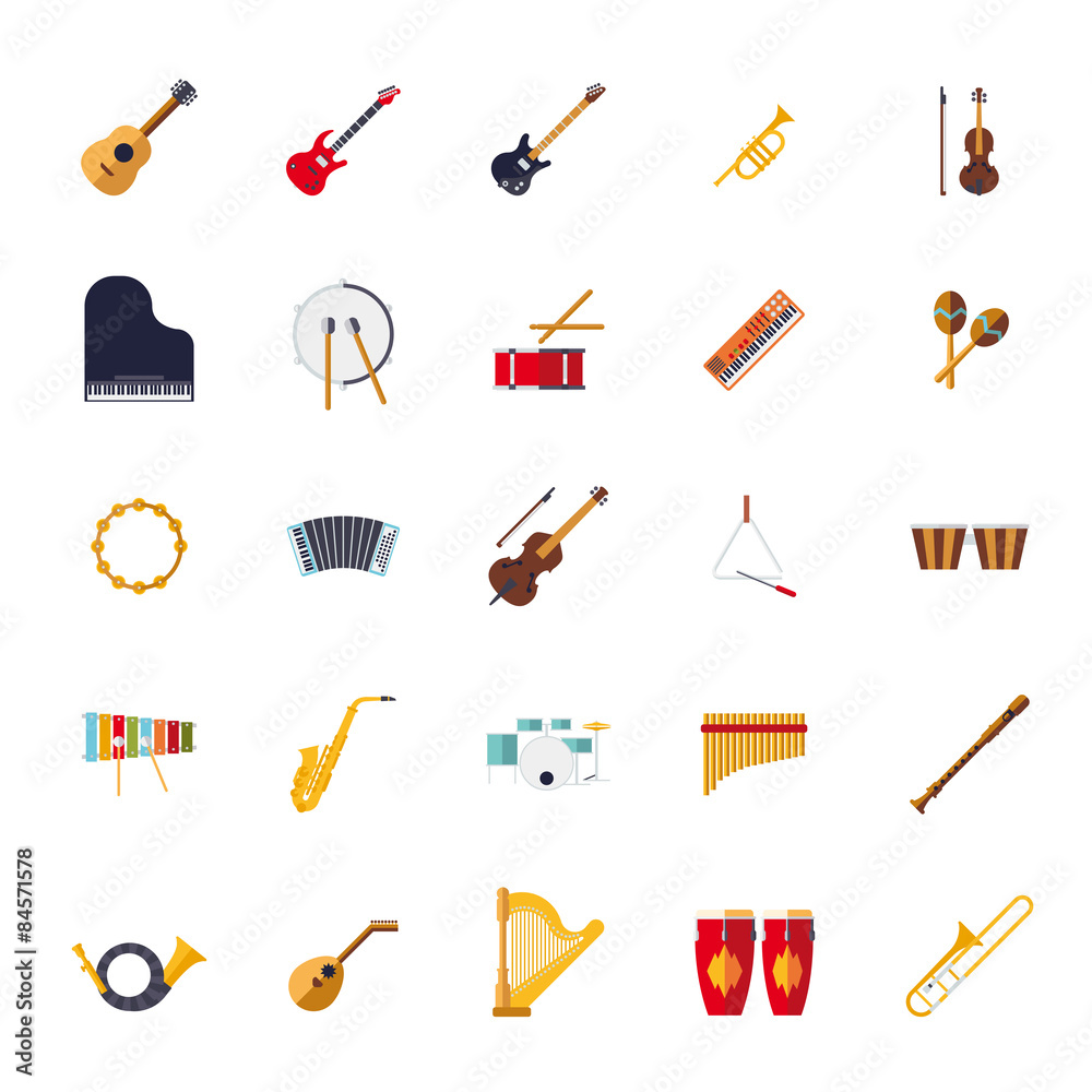 Musical Instruments Isolated Flat Design Vector Icons Collection Stock ...