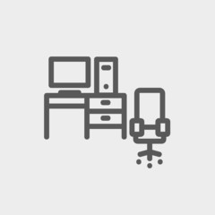 Poster - computer set with table and chair thin line icon