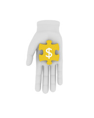 3d white human hand holds yellow puzzle with symbol. 3D illustra